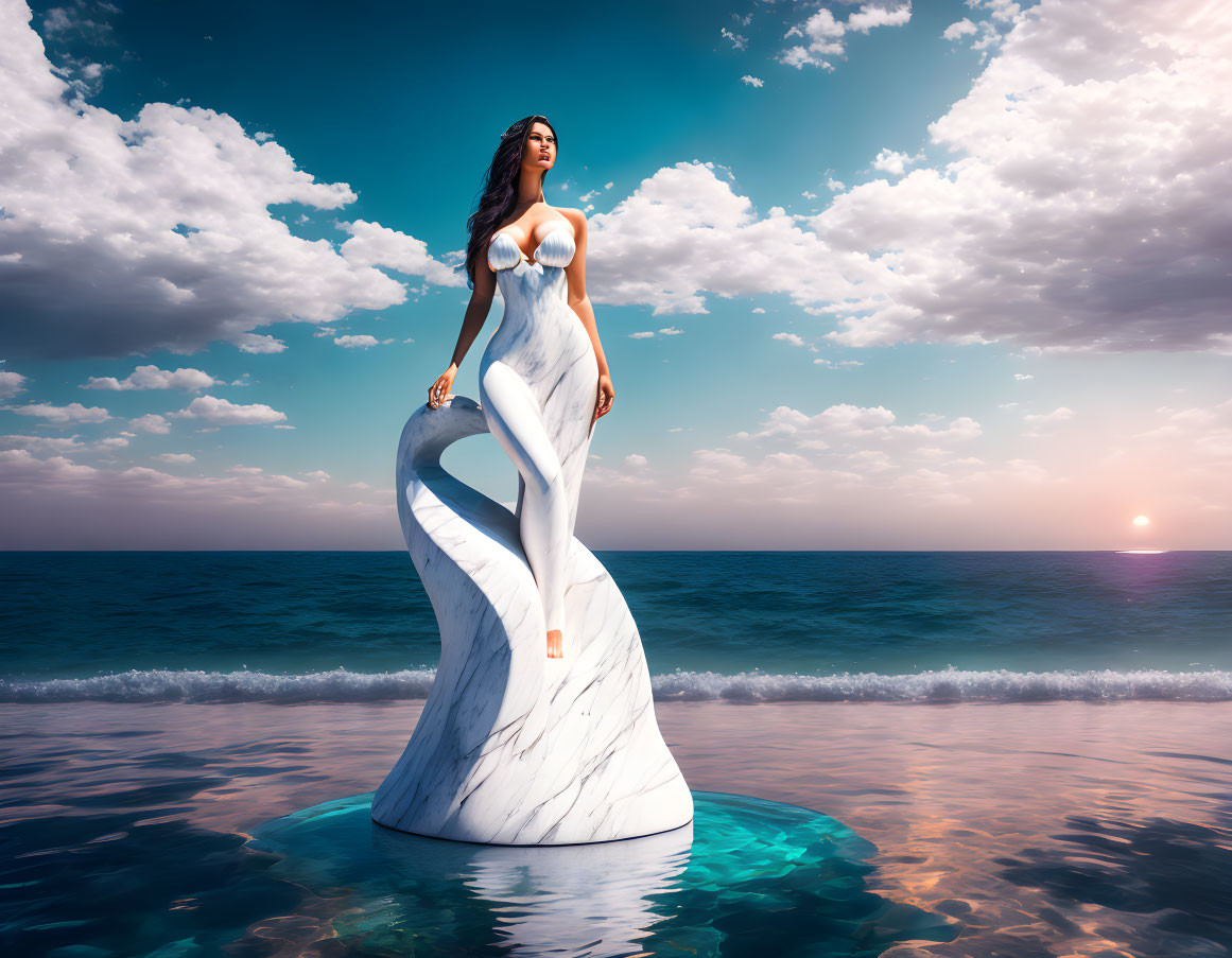 Surreal image: Woman in flowing gown merging with marble sculpture by the sea at sunset