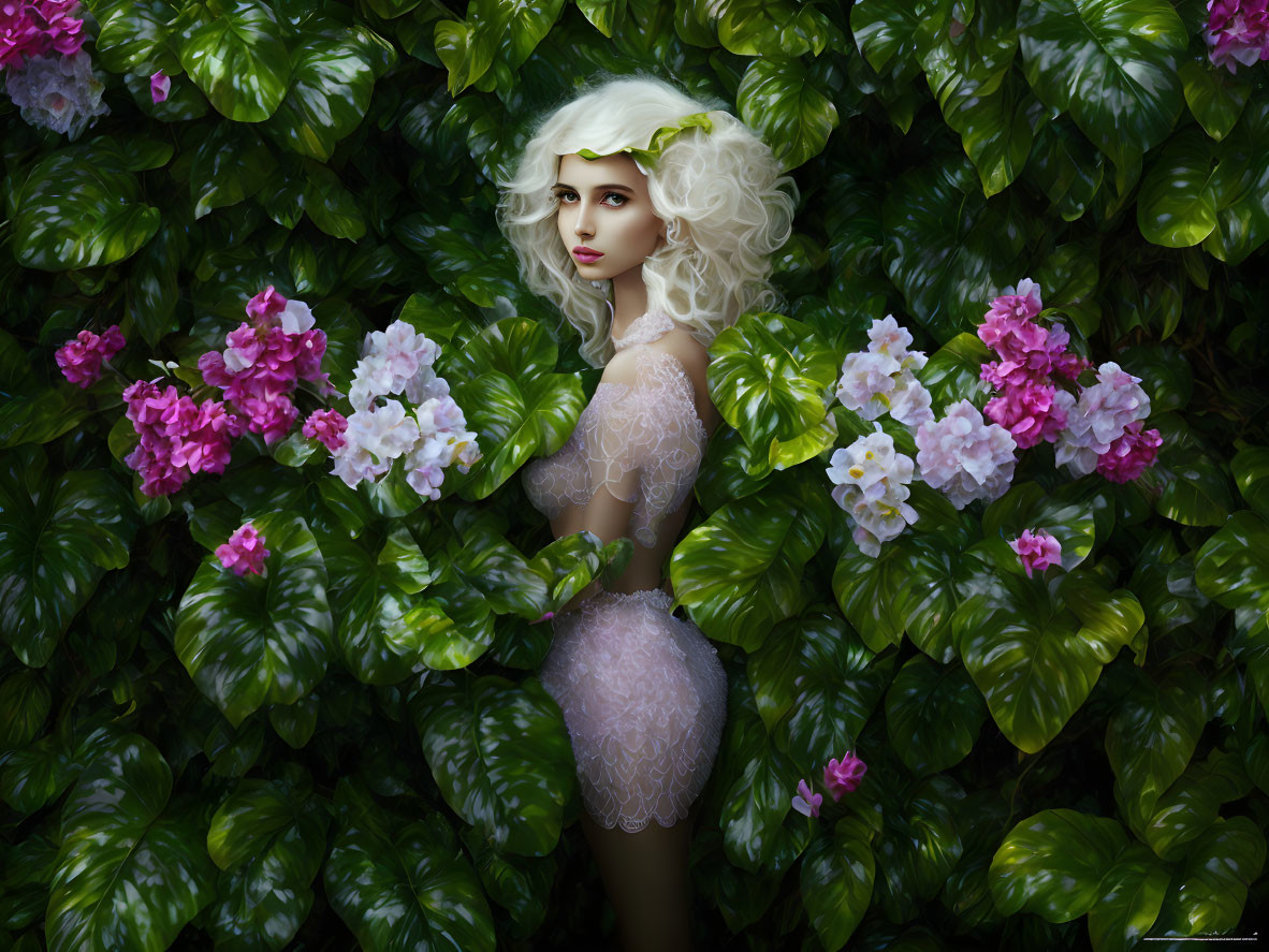 Blonde woman with tiara in lush floral setting