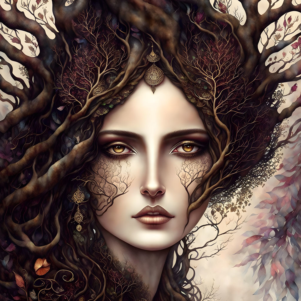 Surreal portrait of woman with tree branches for hair and autumnal foliage