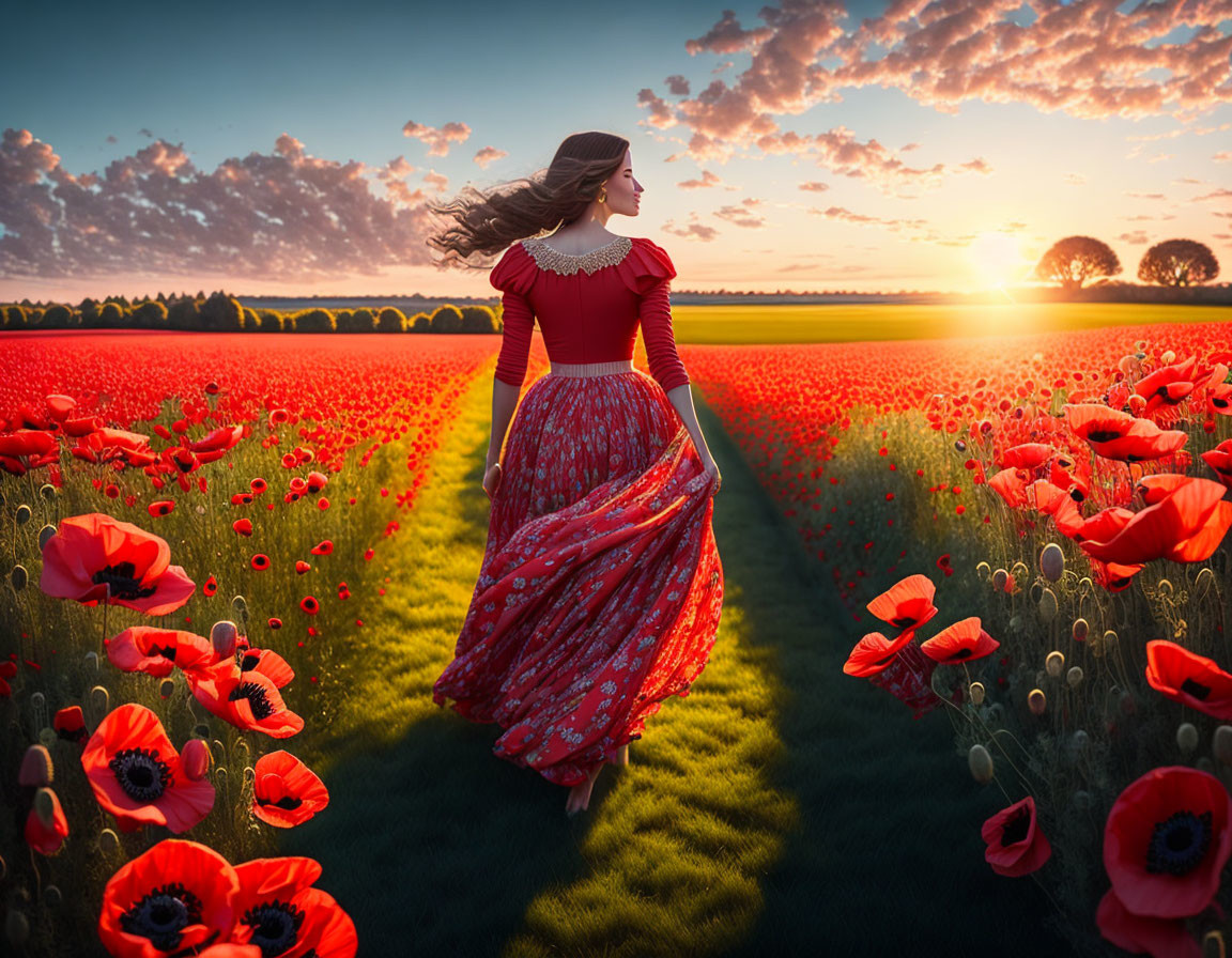 Woman in Red Dress Running Through Blooming Poppy Field at Sunset