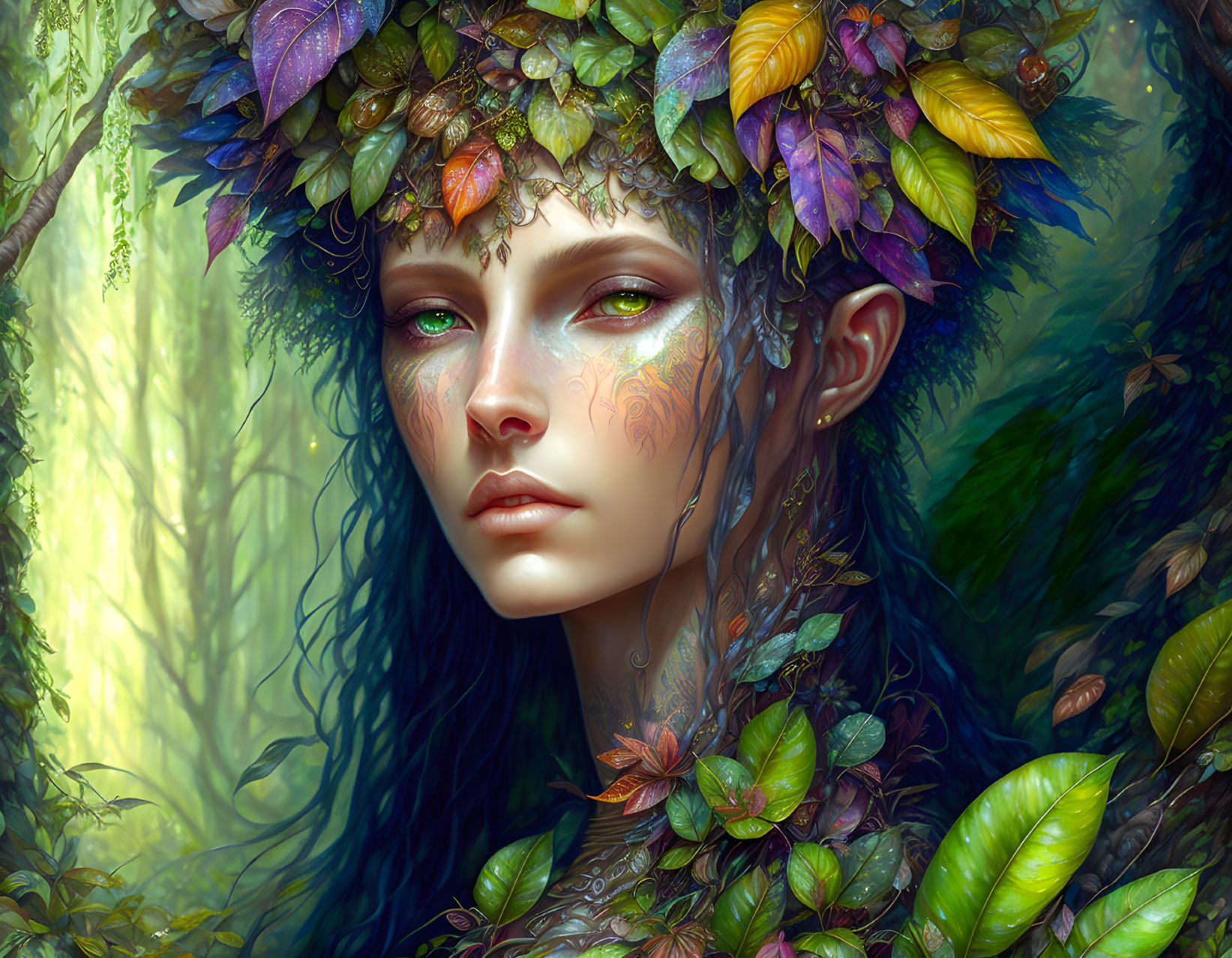 Mystical female figure with leaf crown in lush greenery