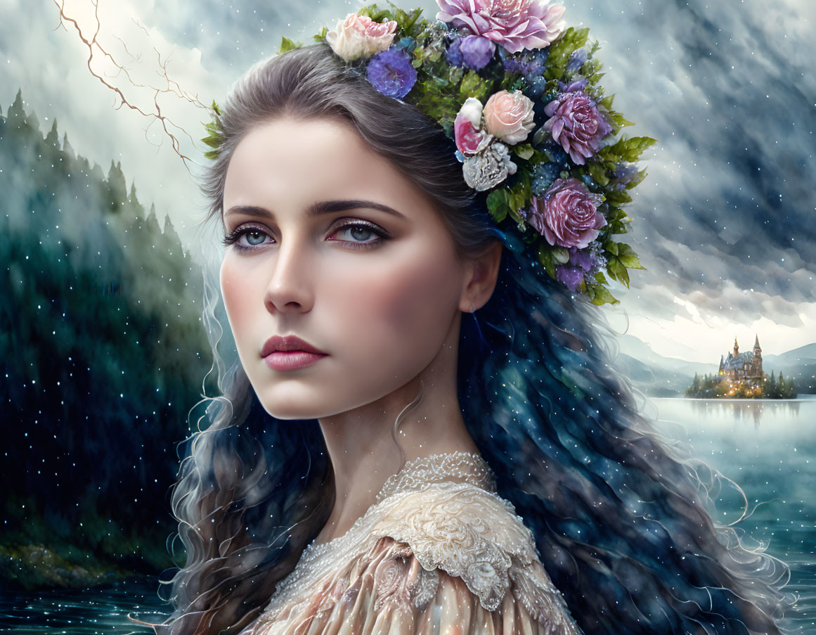 Digital artwork: Woman with floral crown, intense gaze, stormy lake & castle.