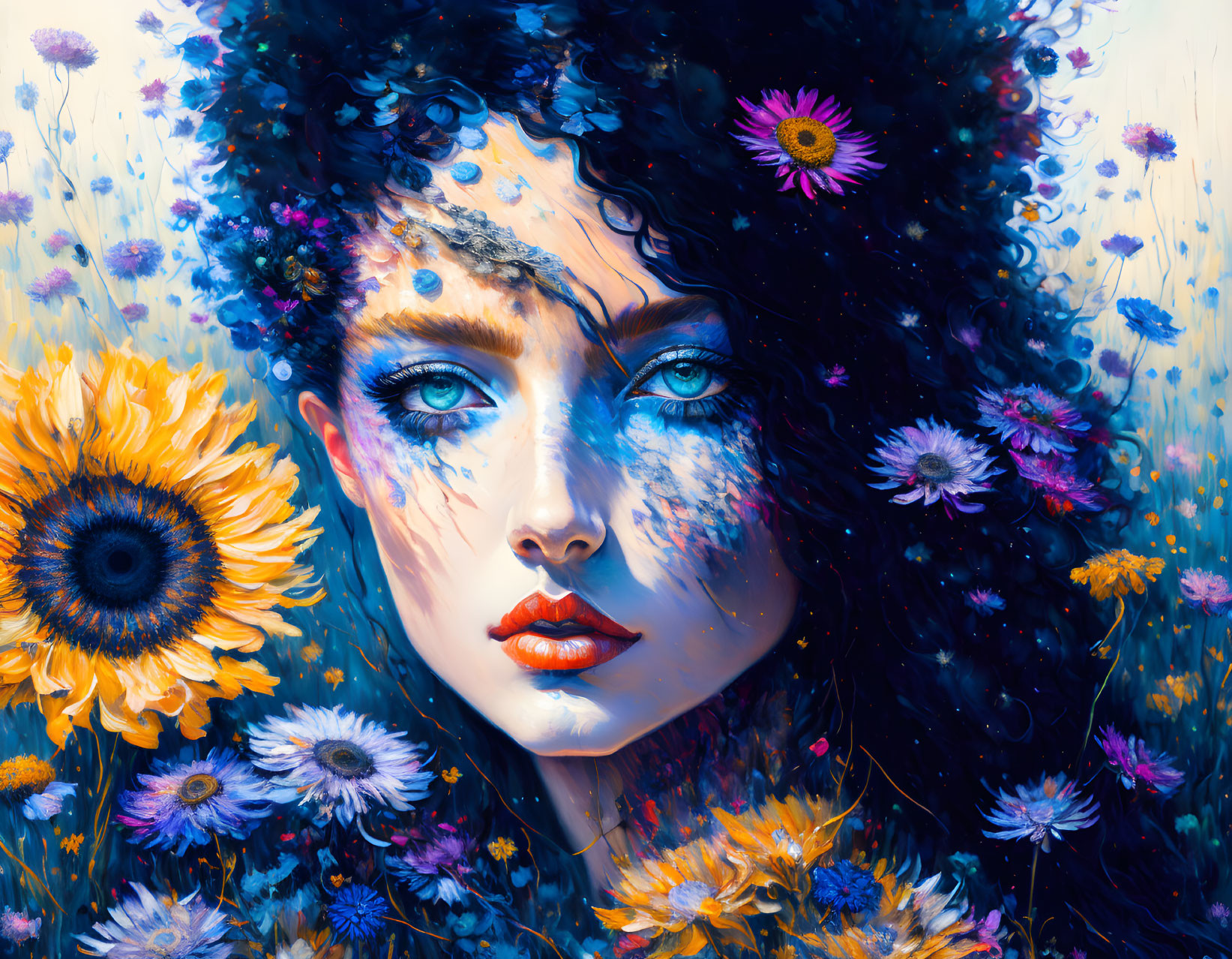 Colorful portrait of a woman with blue eyes and flowers in her hair