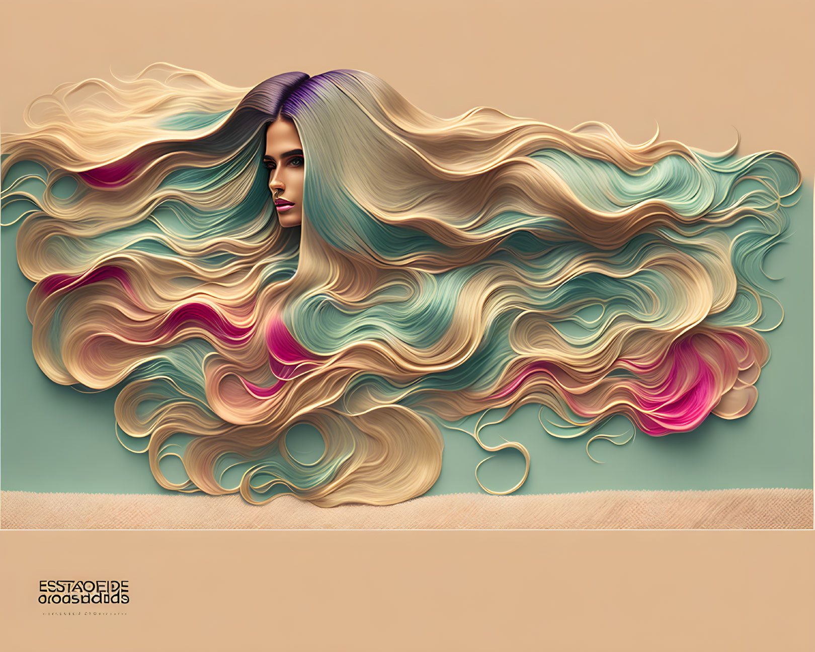 Colorful flowing hair digital art against beige background