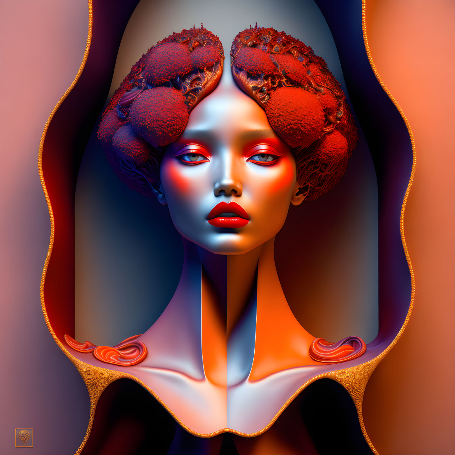 Vibrant surreal portrait with red and blue hues and abstract floral hair.