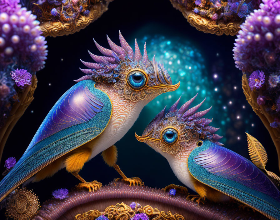 Colorful Fantastical Birds Perched Among Vibrant Flora