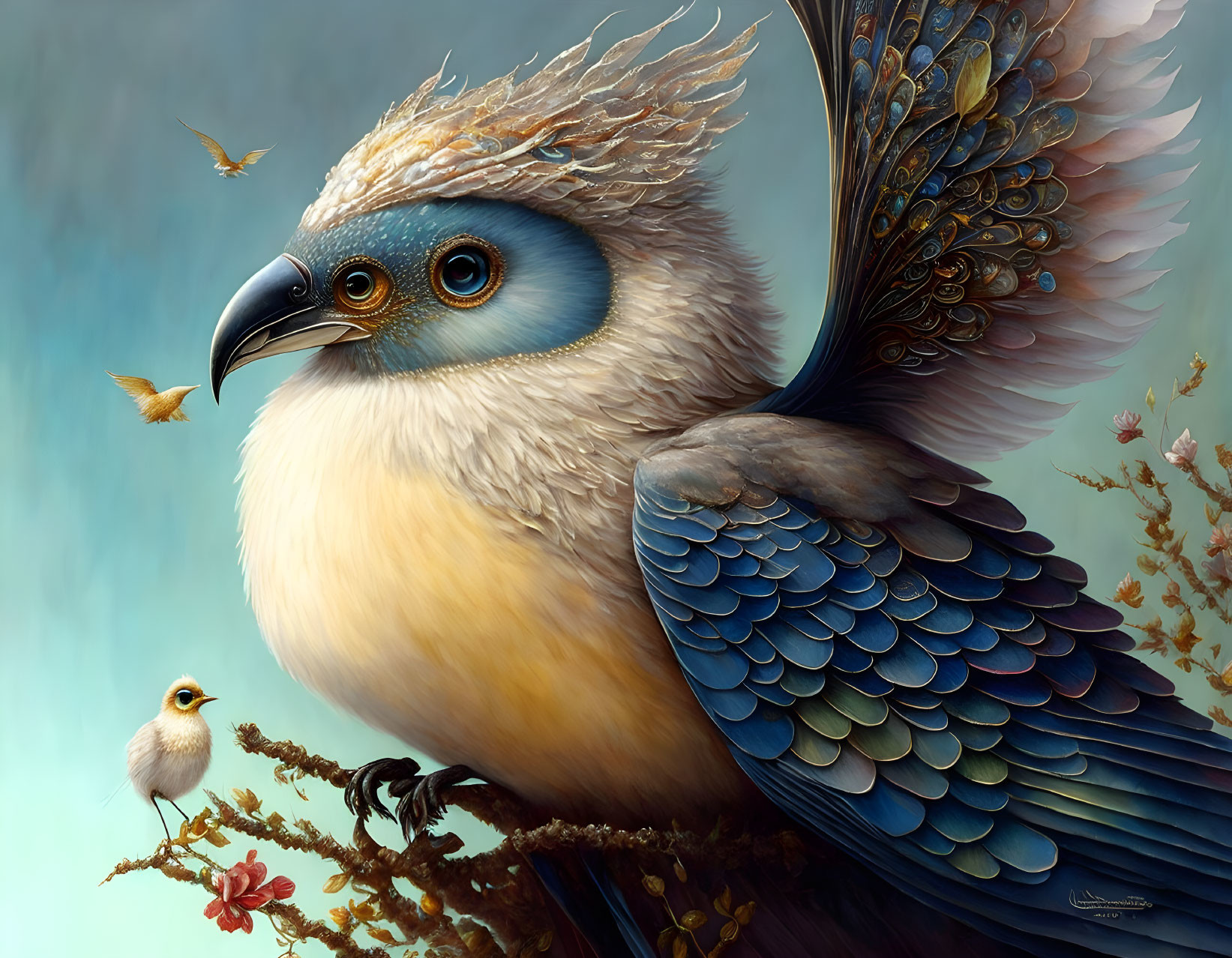 Illustration of anthropomorphic bird with blue feathers on branch.