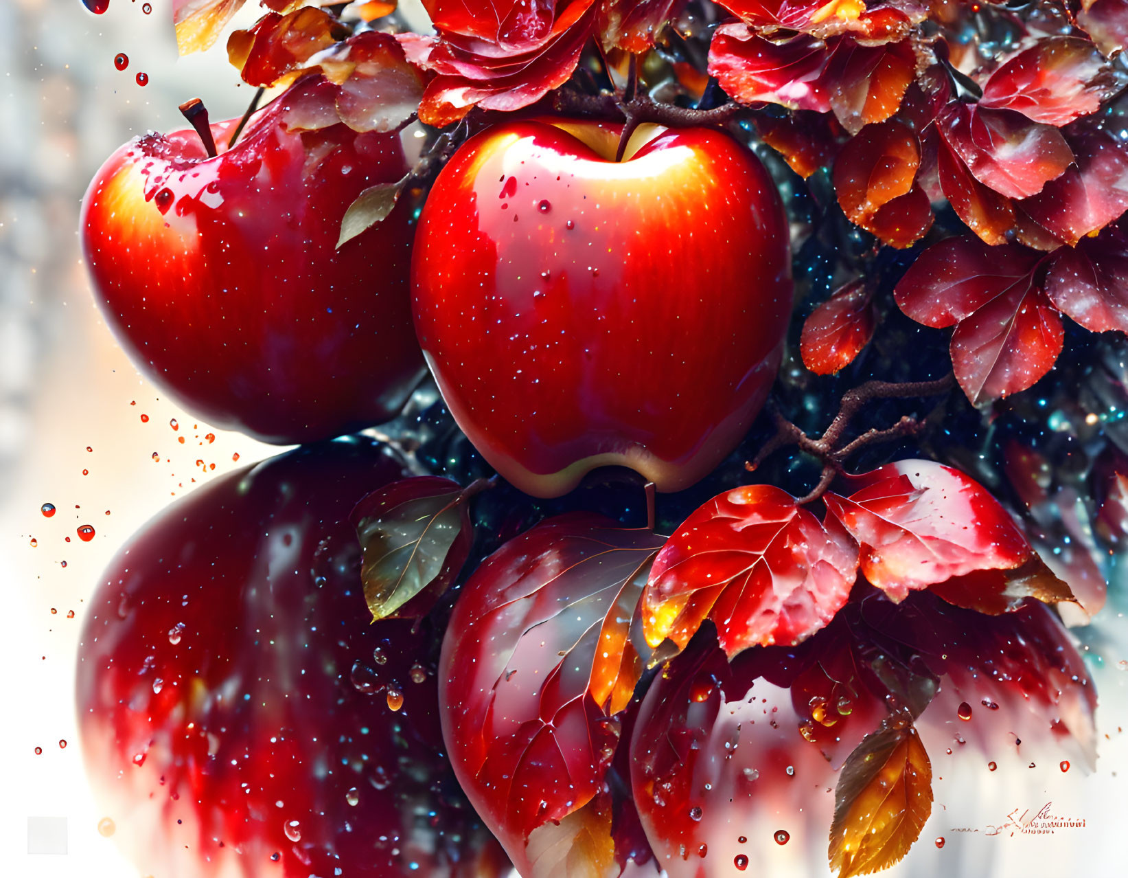 Fresh red apples with water droplets among shiny leaves and reflection.