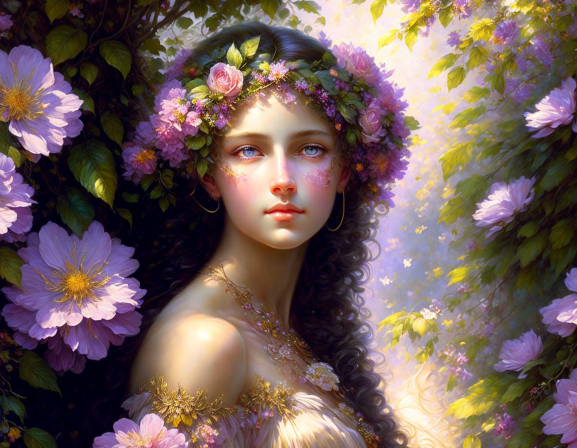 Young woman with floral wreath in serene setting