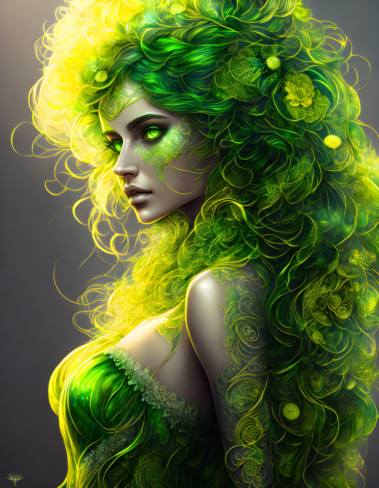 Woman with Vibrant Green and Yellow Hair and Floral Adornments in Detailed Illustration