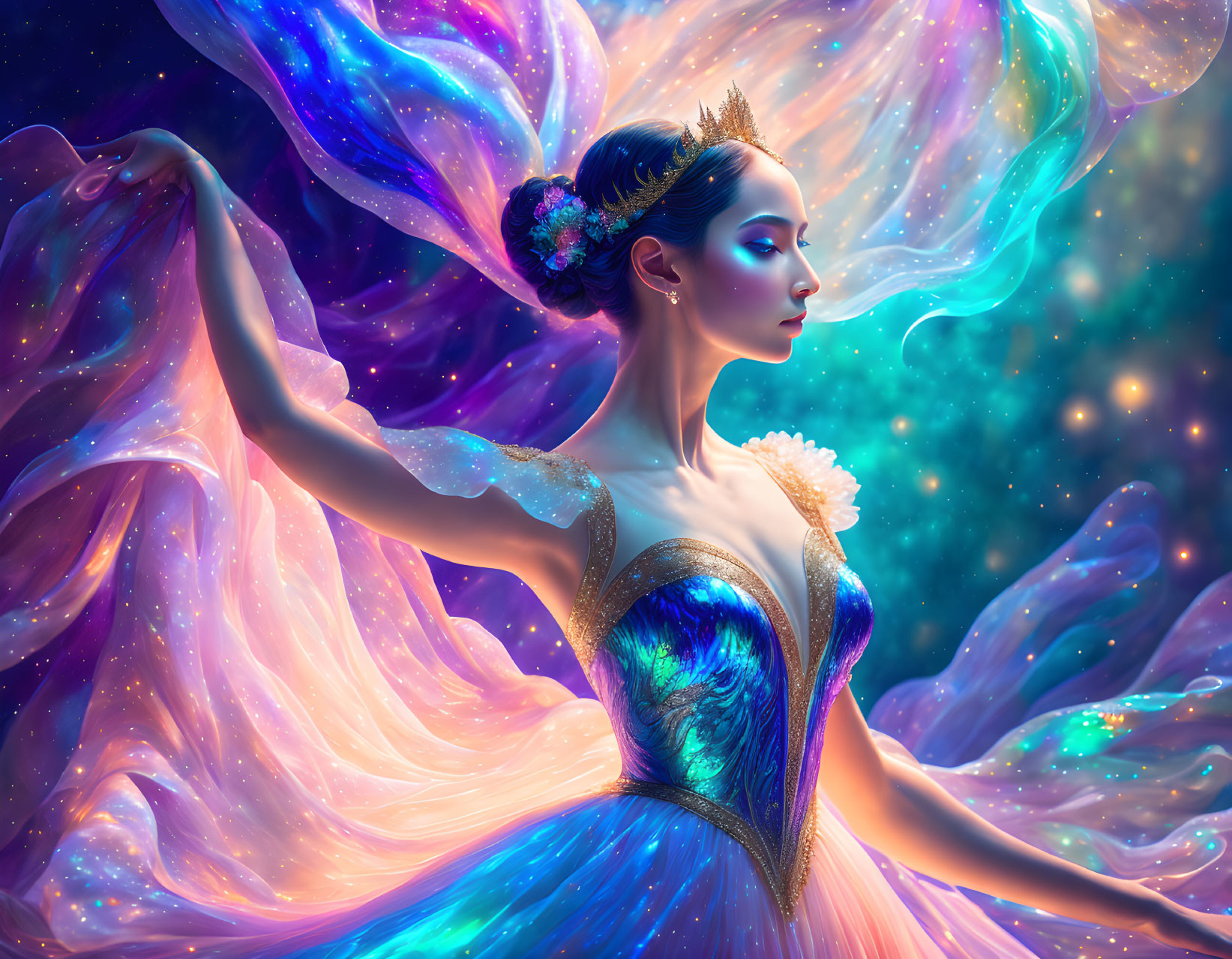 Ethereal woman in regal posture surrounded by swirling nebula colors