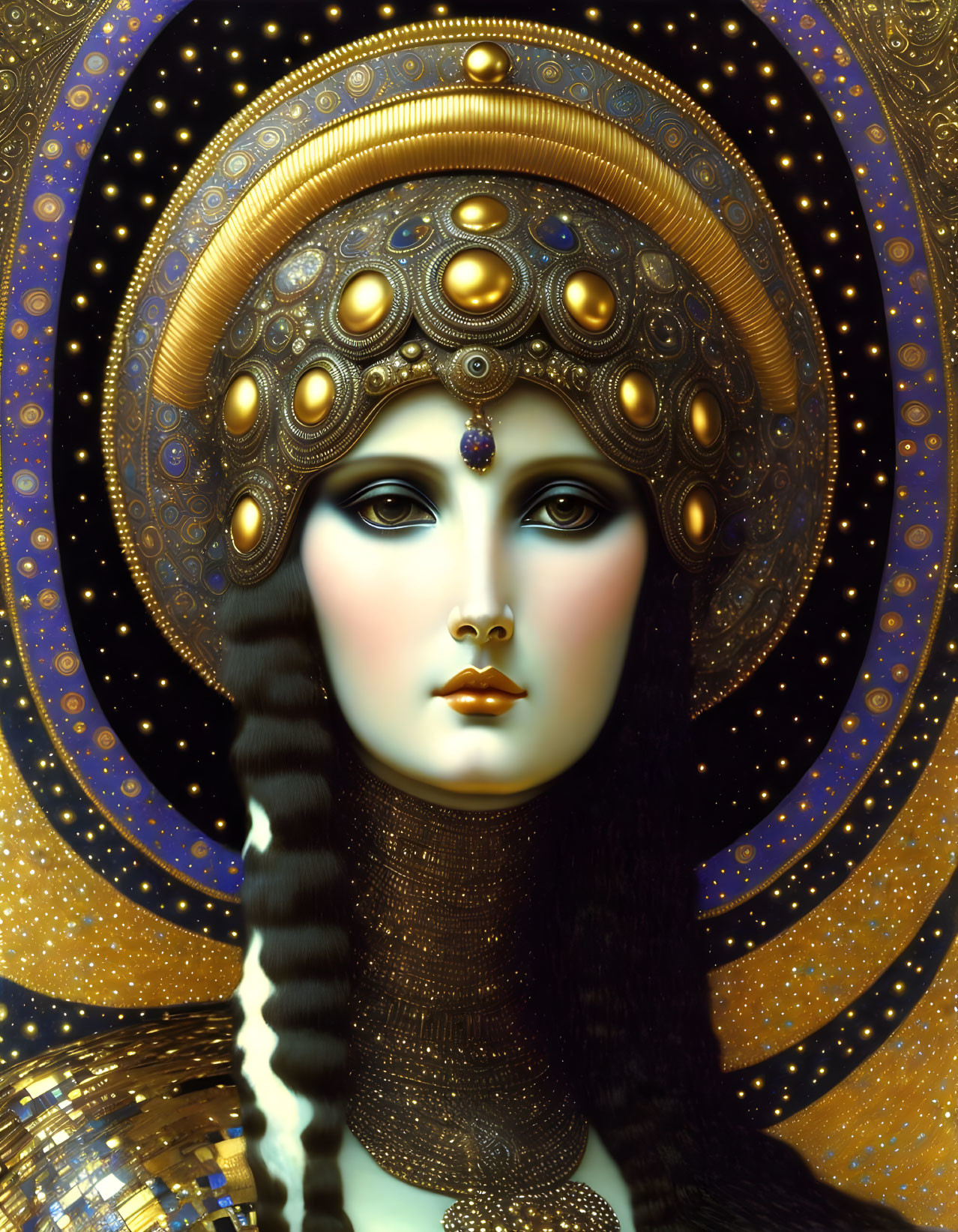 Portrait of Woman with Pale Skin and Dark Hair in Decorative Headdress Against Starry Sky