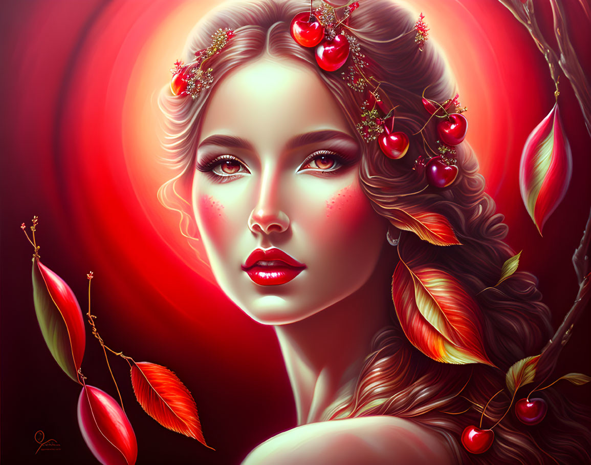 Digital artwork of woman with cherry-themed adornments and red halo effect