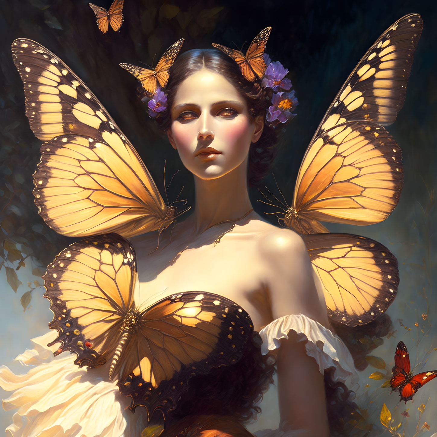 Fantasy portrait of woman with butterfly wings and butterflies in hair