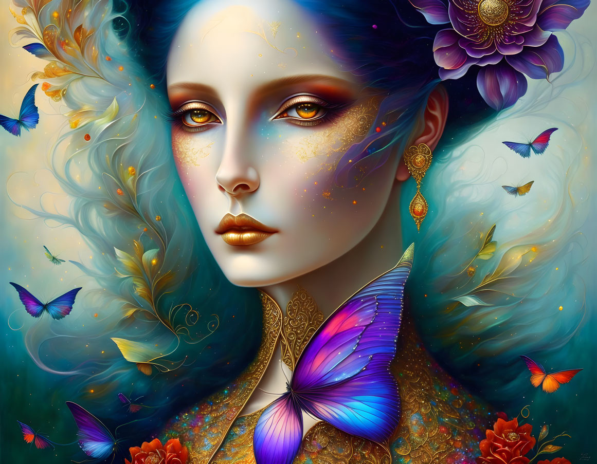 Fantasy portrait of woman with blue hair, butterflies, gold accents, and purple flowers