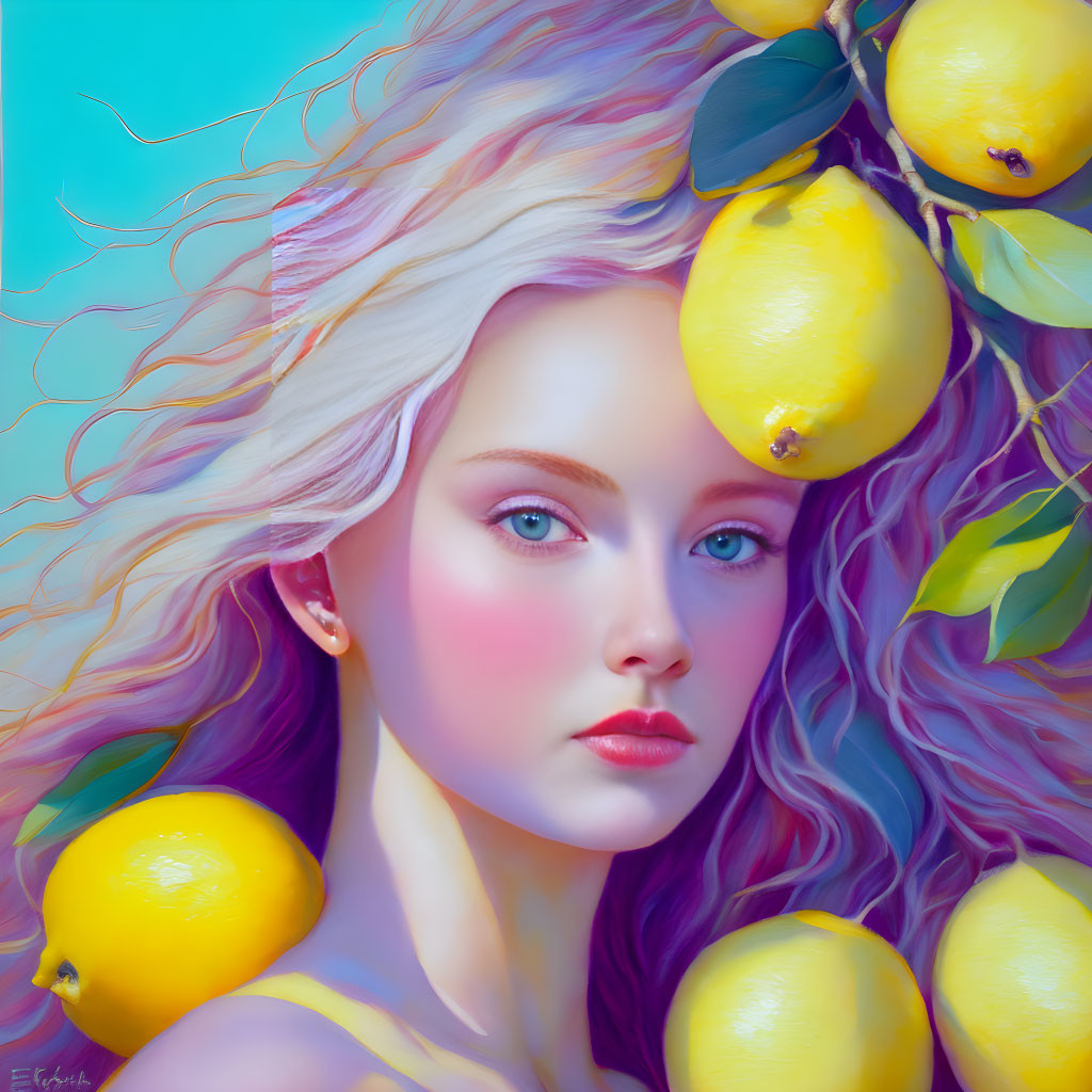 Vibrant digital artwork of woman with lemon-adorned hair