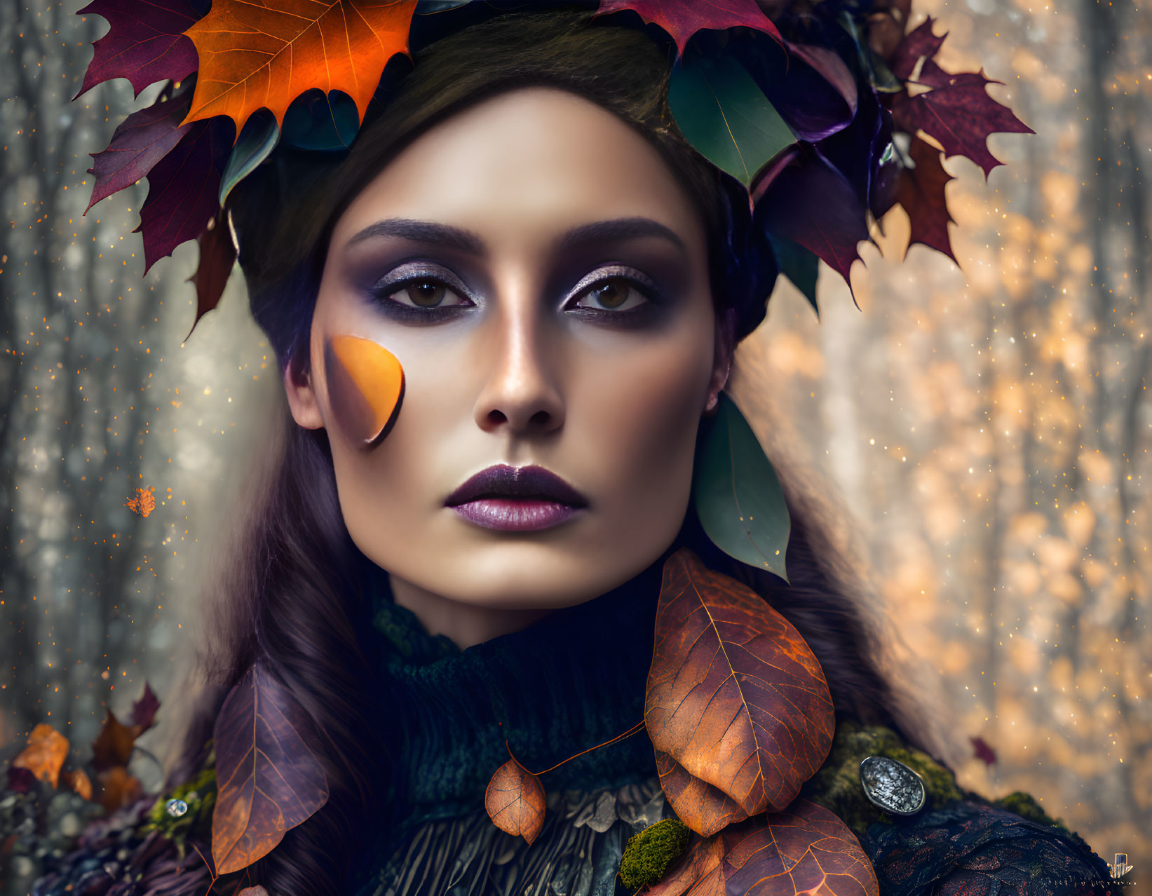 Woman with autumn leaves in hair, dark makeup, green turtleneck, looking contemplative.