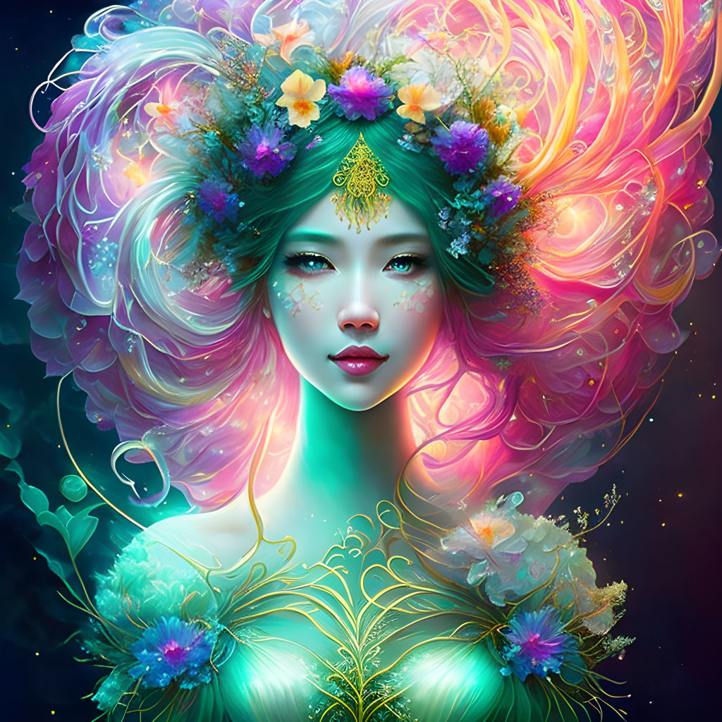 Colorful portrait of a woman with radiant hair and flowers against mystical backdrop