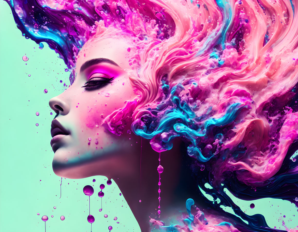 Colorful digital artwork: Woman's profile with dynamic pink and blue hair on teal background