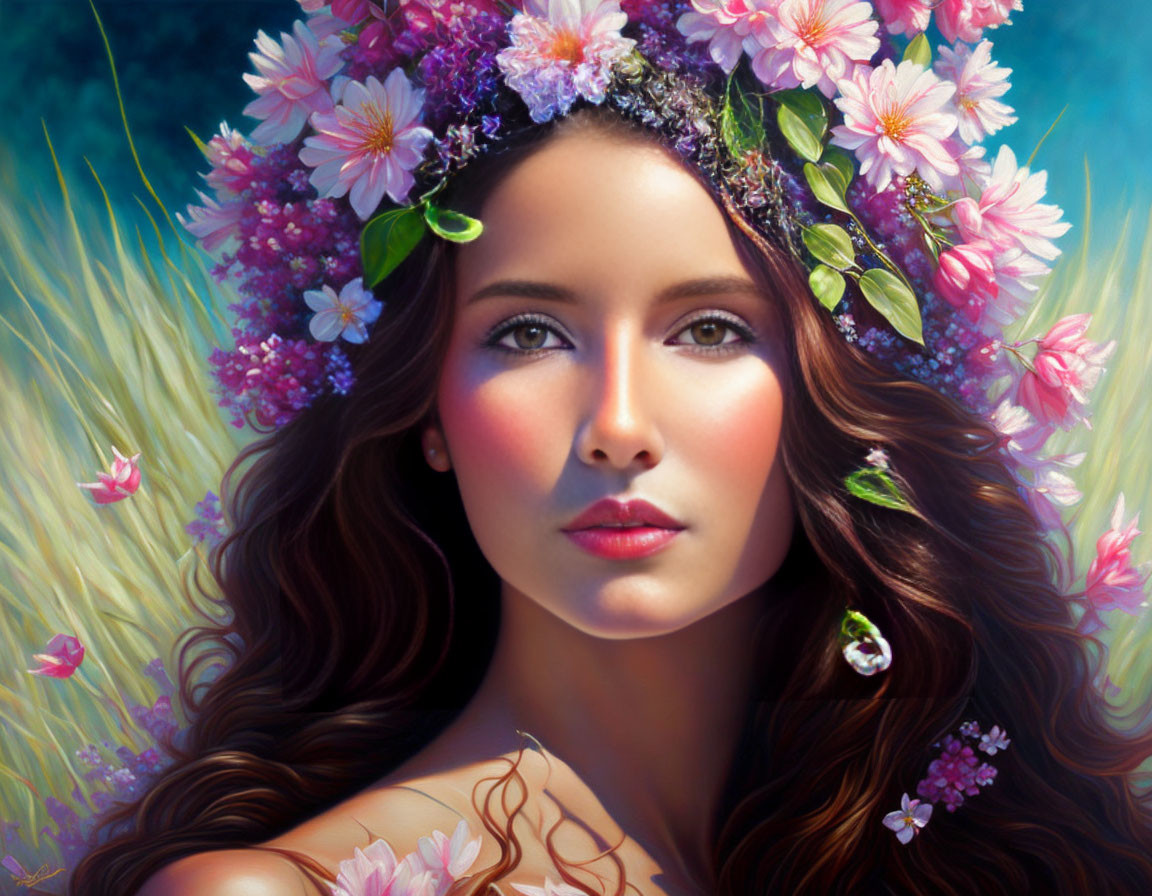 Woman with Floral Crown Surrounded by Nature and Butterflies