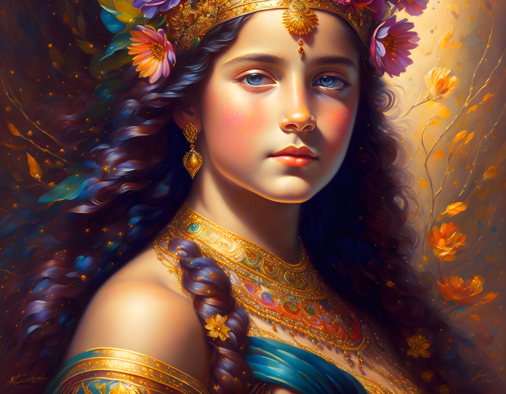 Young girl with whimsical expression and golden jewelry in digital painting.