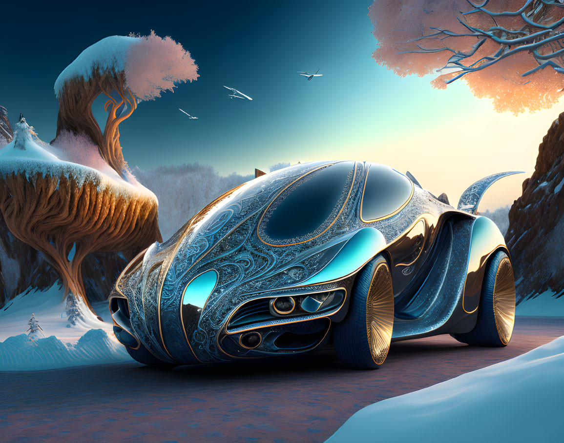 Futuristic vehicle with intricate designs in snowy forest setting