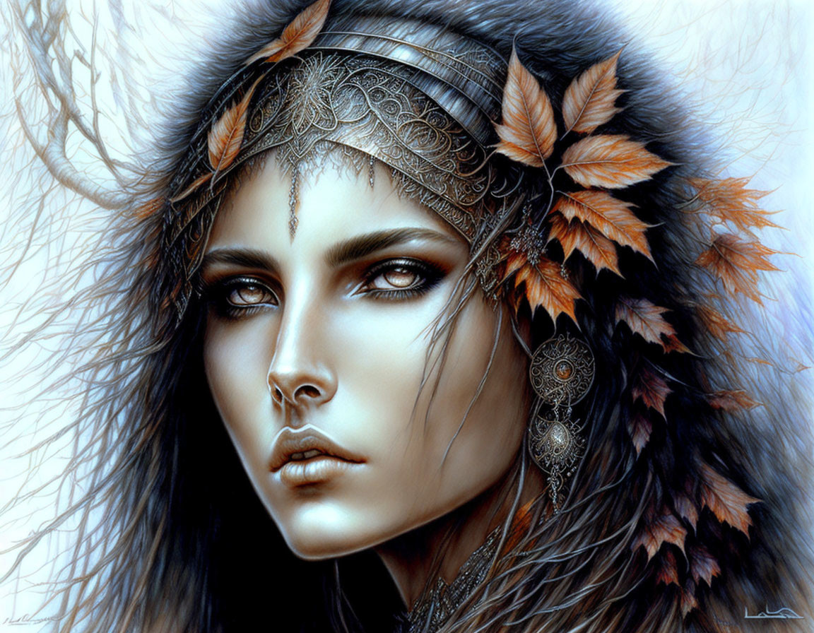 Detailed Artwork of Person with Striking Eyes in Feathered Headband & Ornate Jewelry