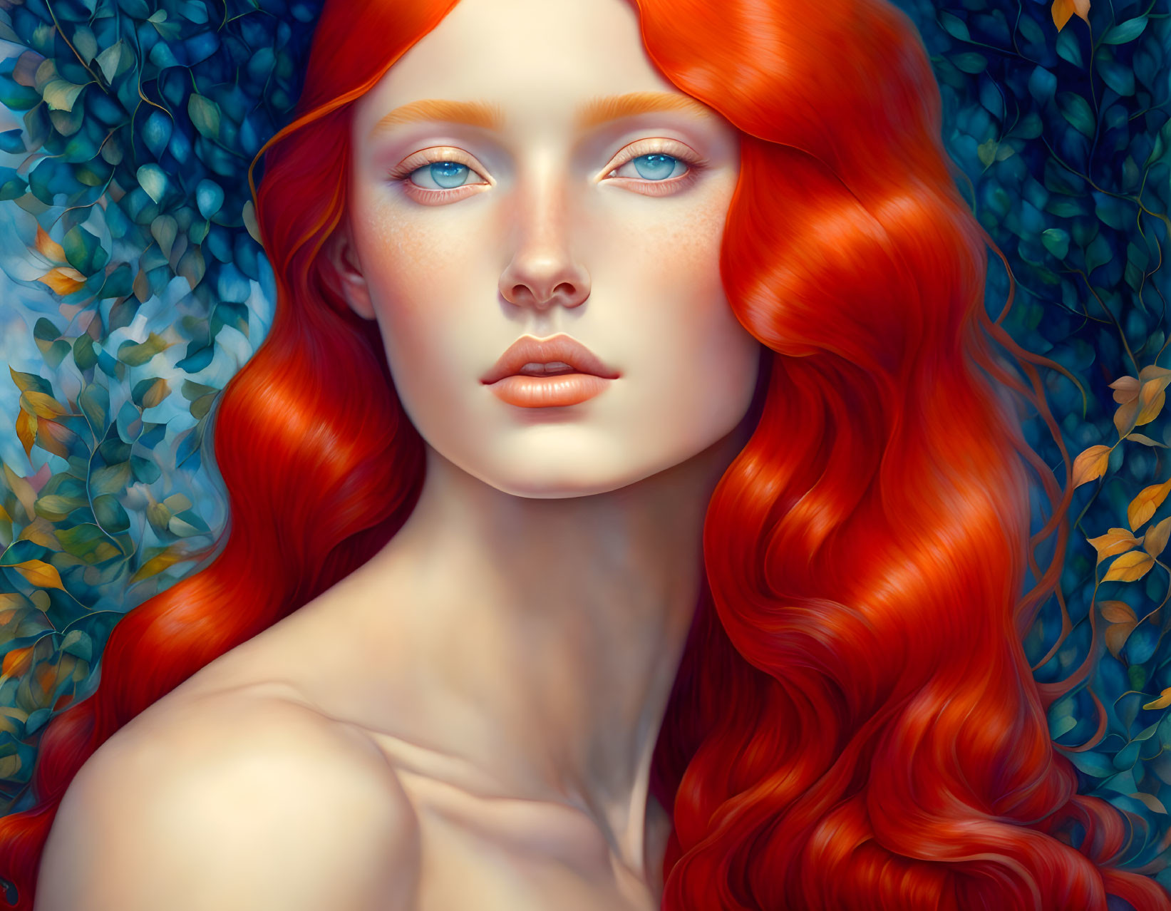 Vivid illustration: Woman with red hair and blue eyes in lush green setting