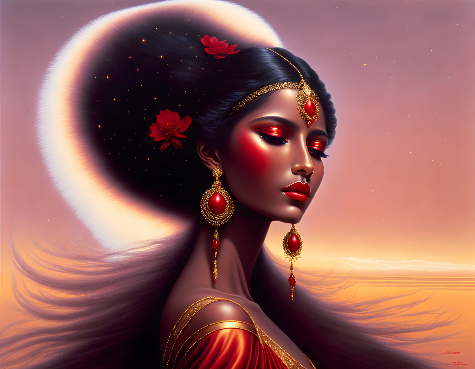 Cosmic-themed digital artwork of a woman with red flowers and golden jewelry