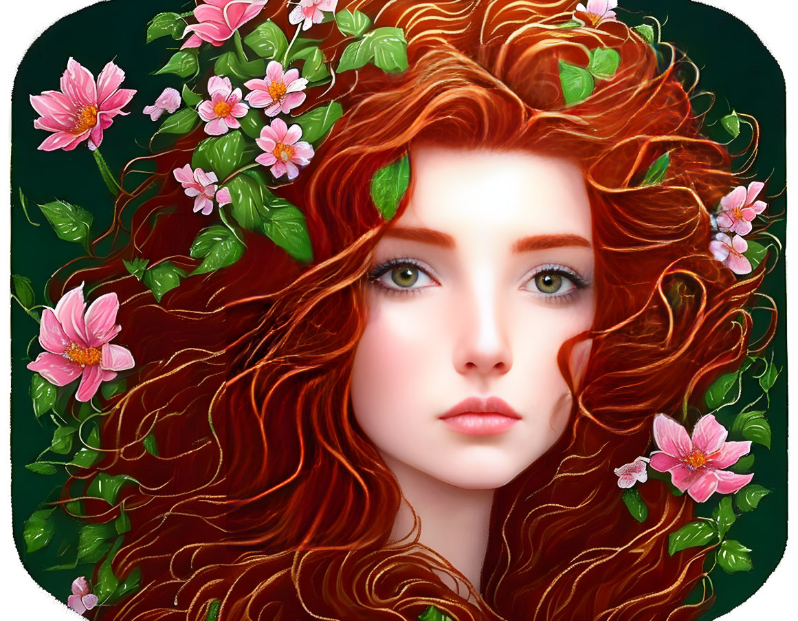 Woman with flowing red hair and pink blossoms on dark green backdrop