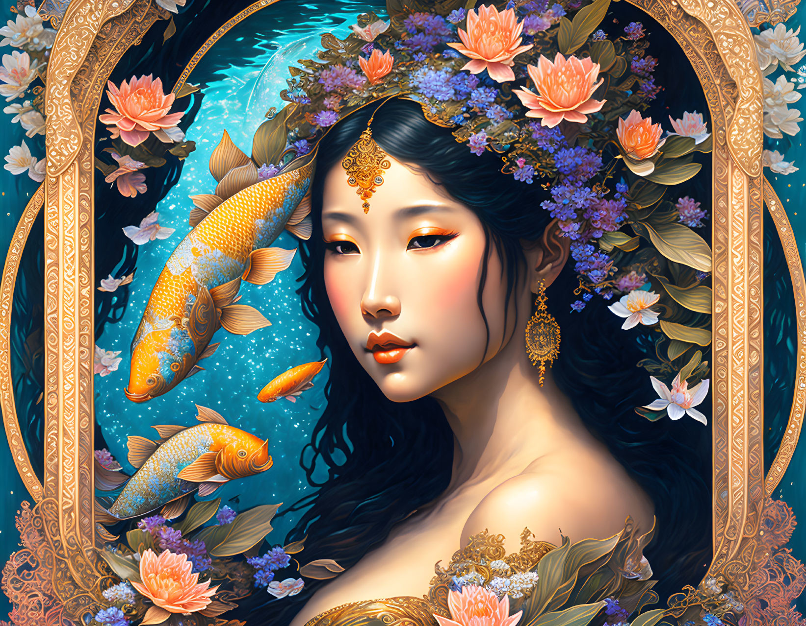 Illustrated portrait of woman with floral and koi fishes on blue background in ornate frame