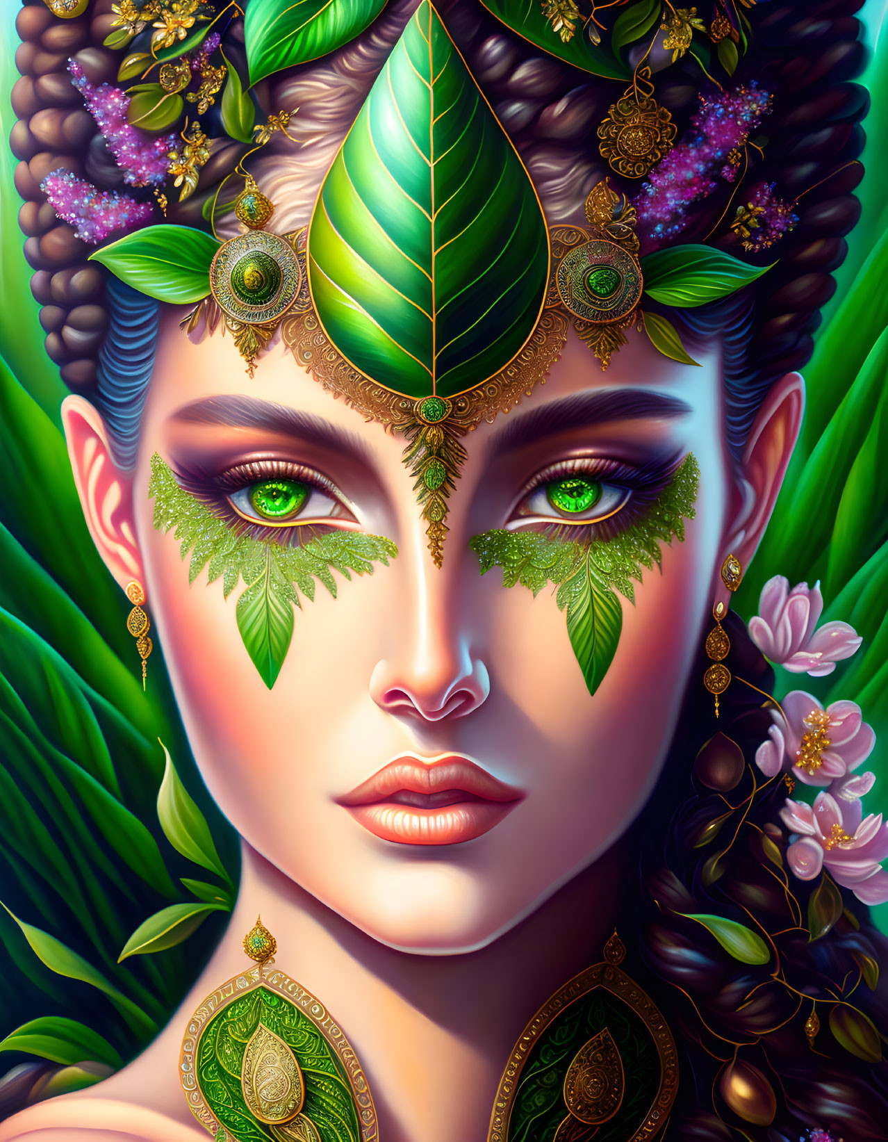 Colorful woman portrait with leaf motifs and green & gold jewelry on lush green background