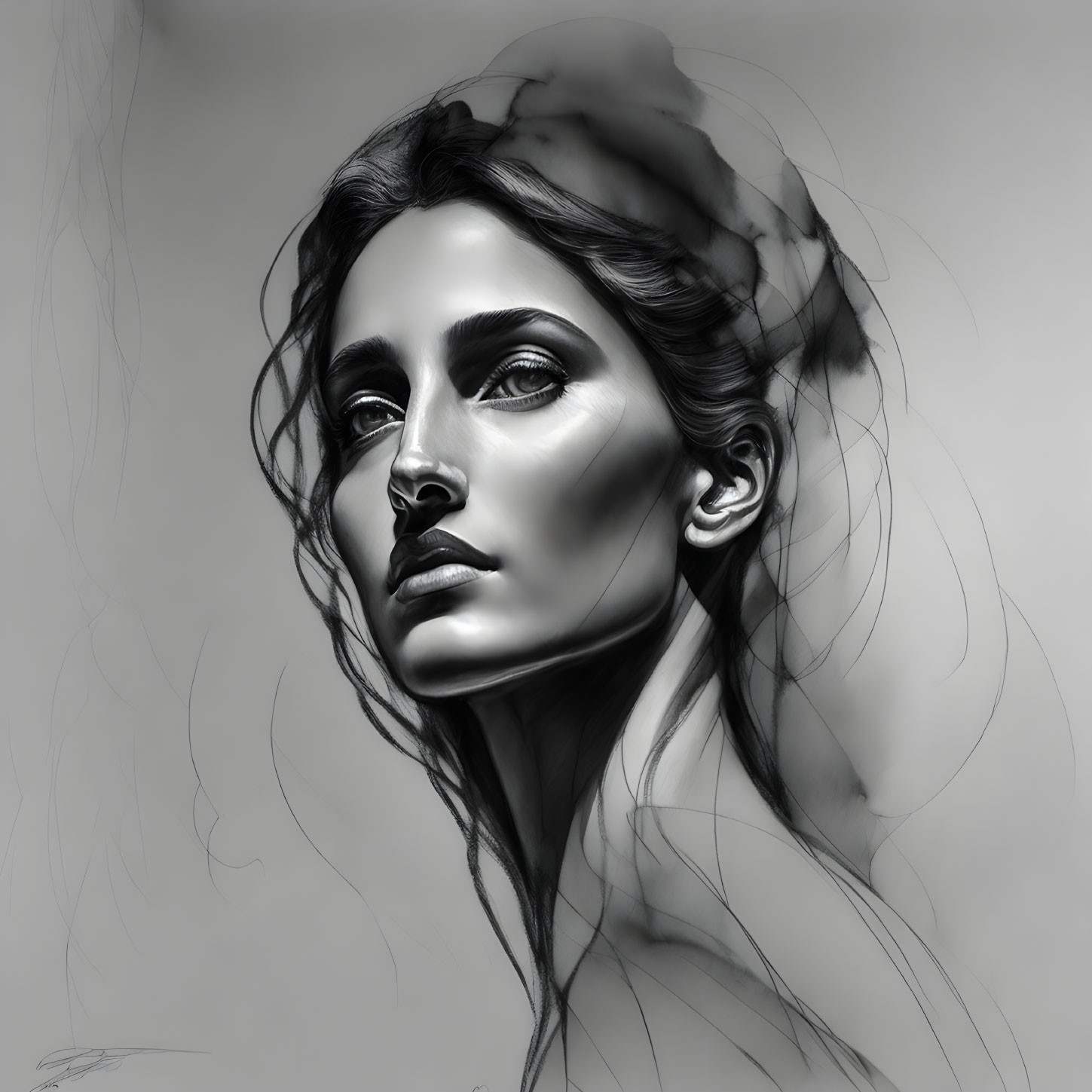 Detailed monochromatic digital portrait of a woman with prominent cheekbones and flowing hair on a simple background