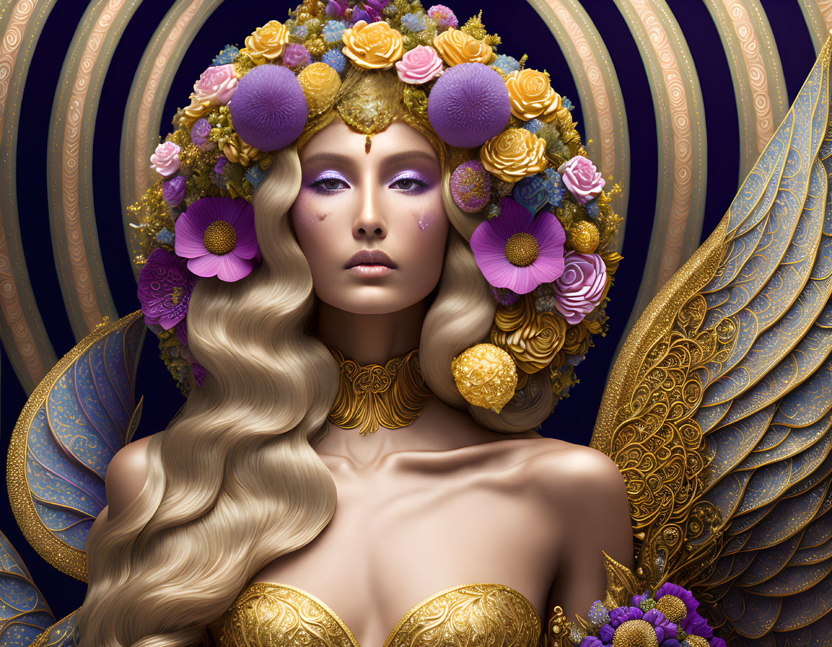 Woman with floral and gold headdress and angelic wings portrait.