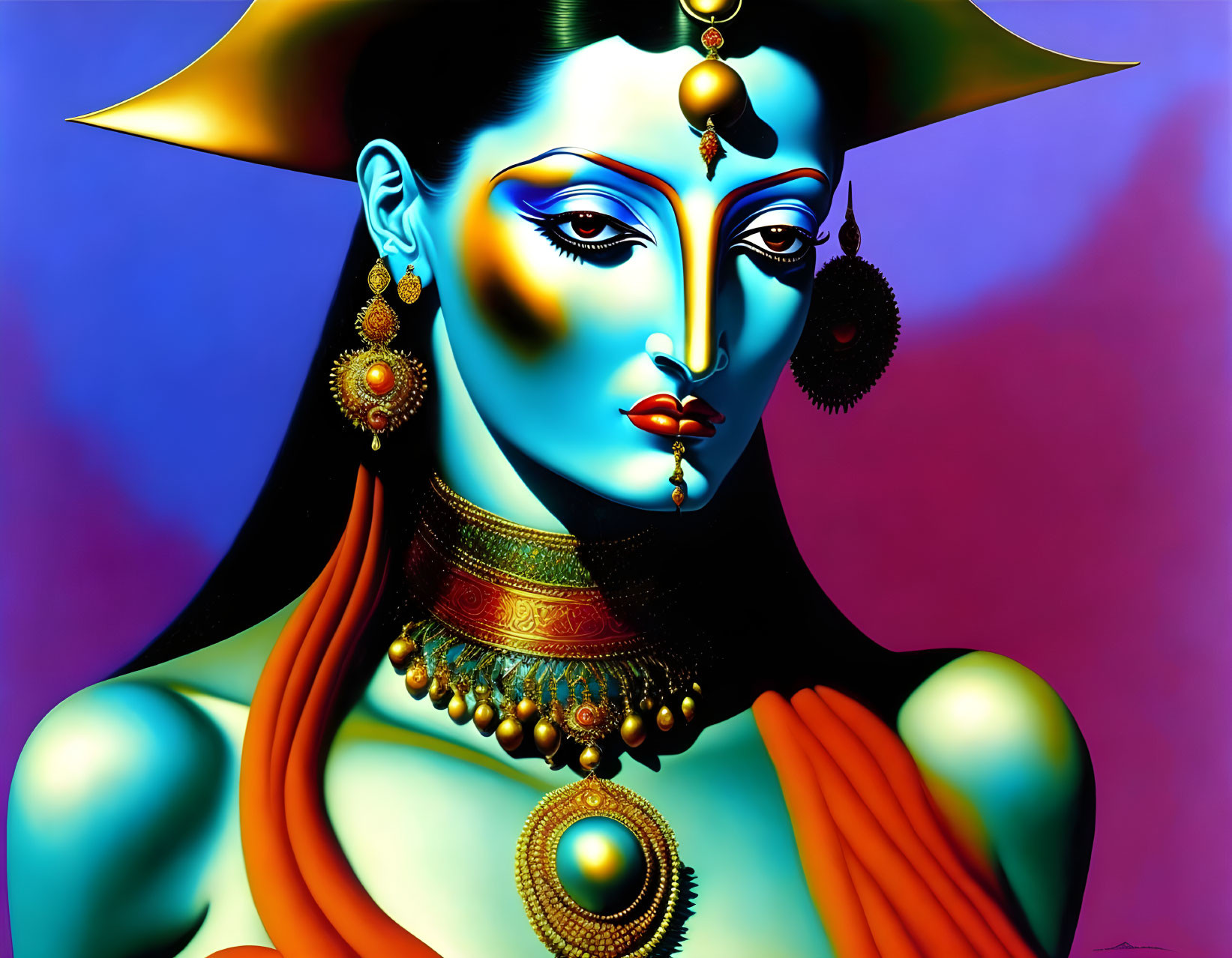 Vibrant surreal portrait of woman with blue skin and golden jewelry