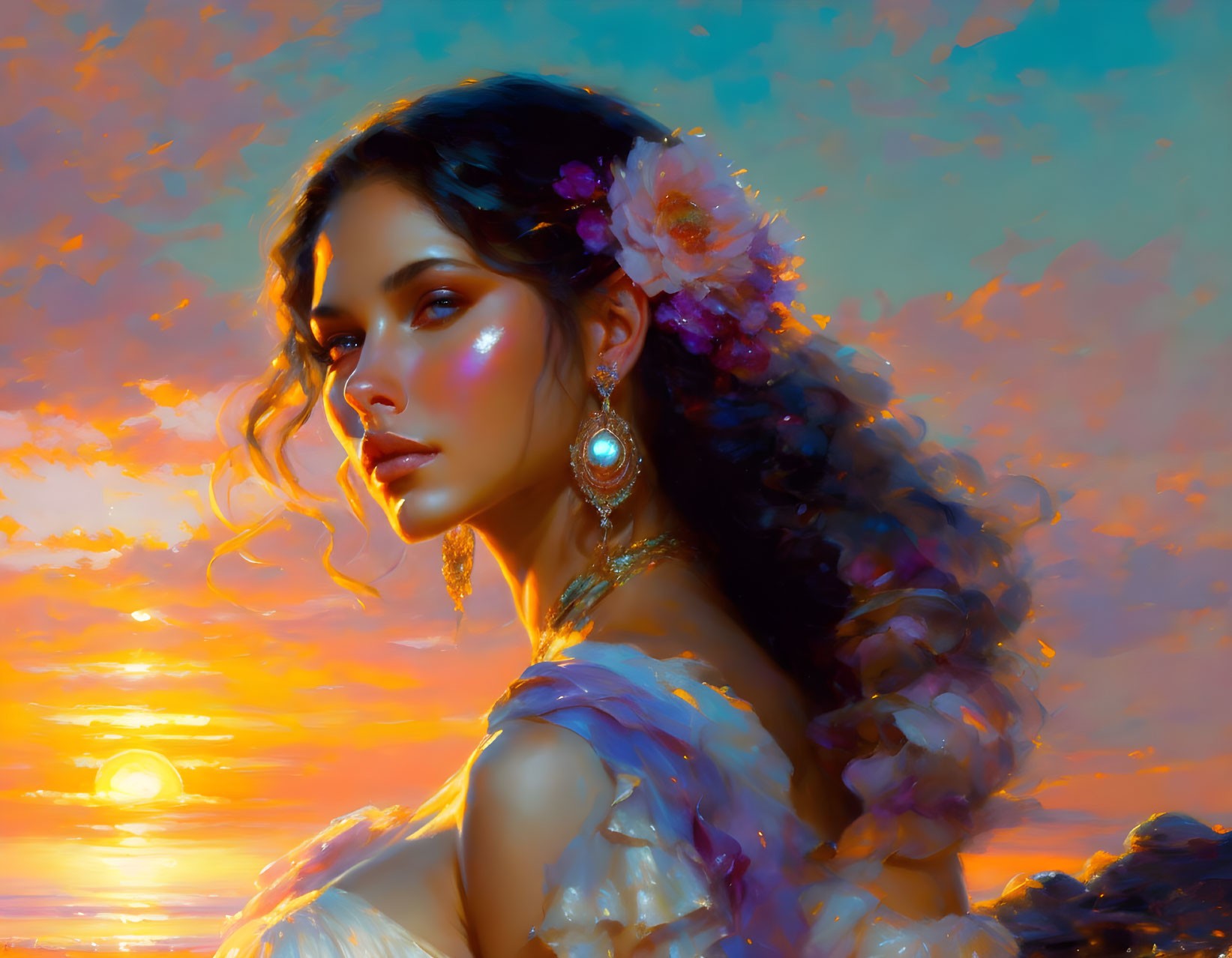 Woman with flowers in hair against vibrant sunset sky