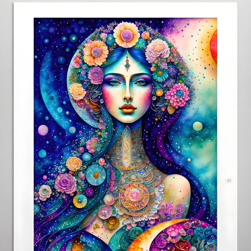 Colorful artwork featuring a woman with cosmic elements and floral patterns