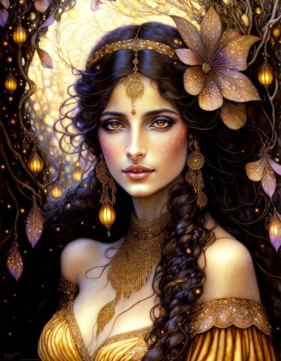 Enchanting woman with long wavy hair and gold jewelry among luminescent flowers