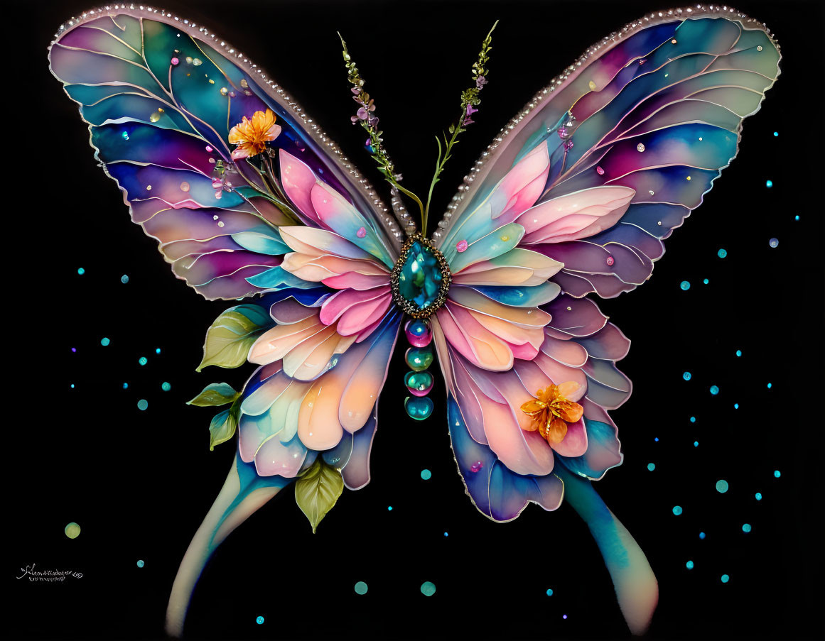 Colorful Butterfly with Floral and Jewel-like Wings on Dark Background