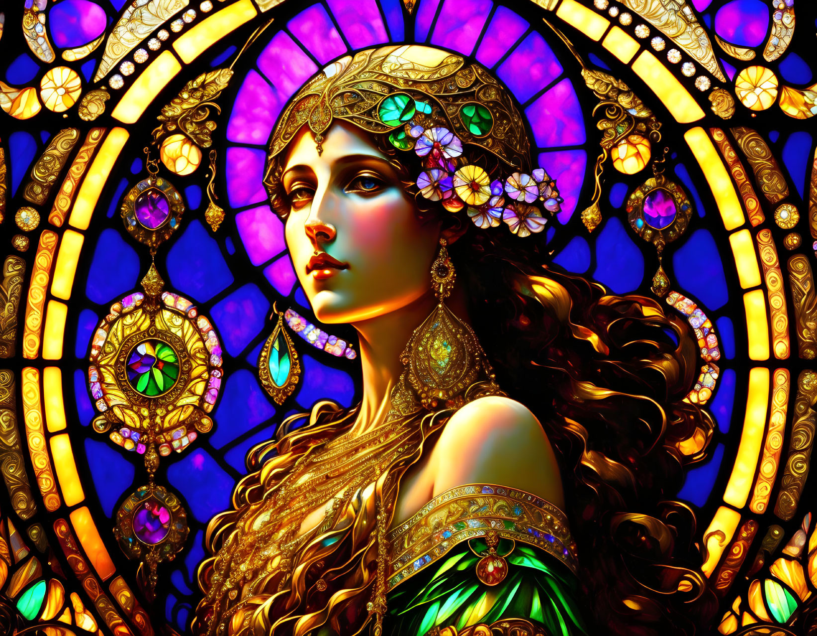 Colorful artwork of woman in golden headdress against stained glass backdrop