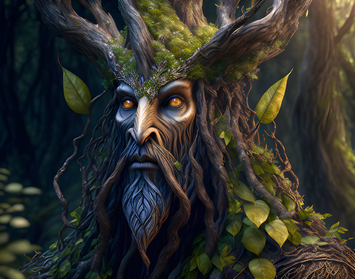 Enigmatic forest entity with tree bark face, antlers, green foliage, and moss