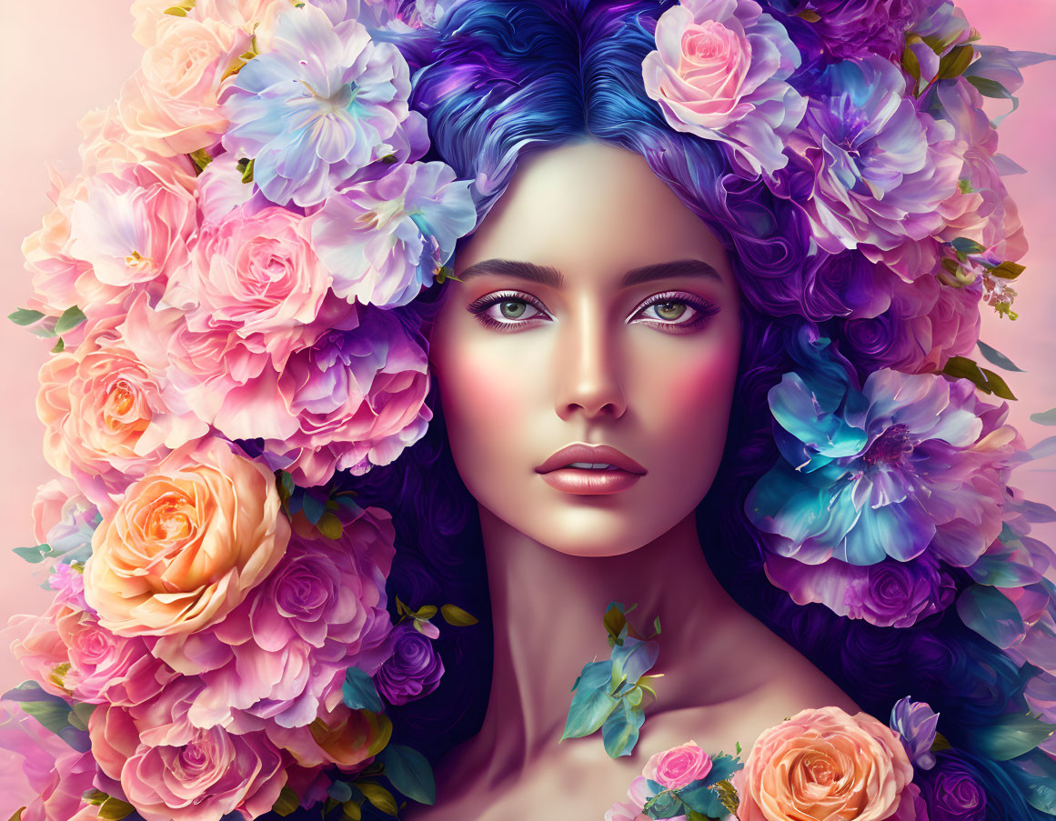 Vibrant Blue Hair Woman Digital Portrait with Colorful Flowers