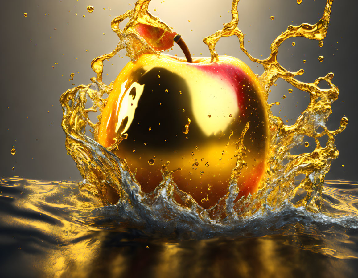 Vibrant red apple with liquid gold splash on warm-toned background