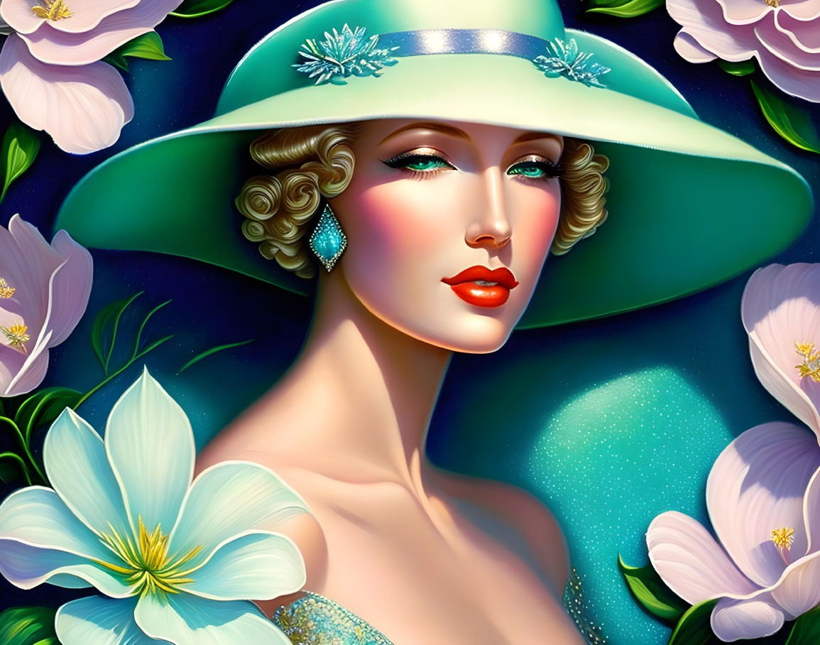 Woman with Glamorous Makeup and Green Hat Surrounded by White Flowers on Blue Sparkly Background