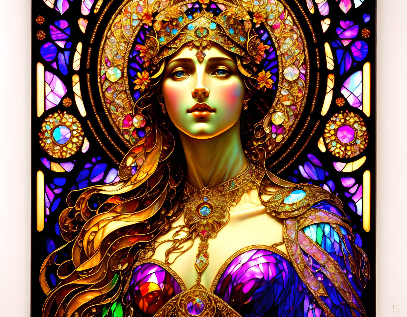 Colorful digital artwork of a woman with golden headpiece and jewelry styled like stained glass.