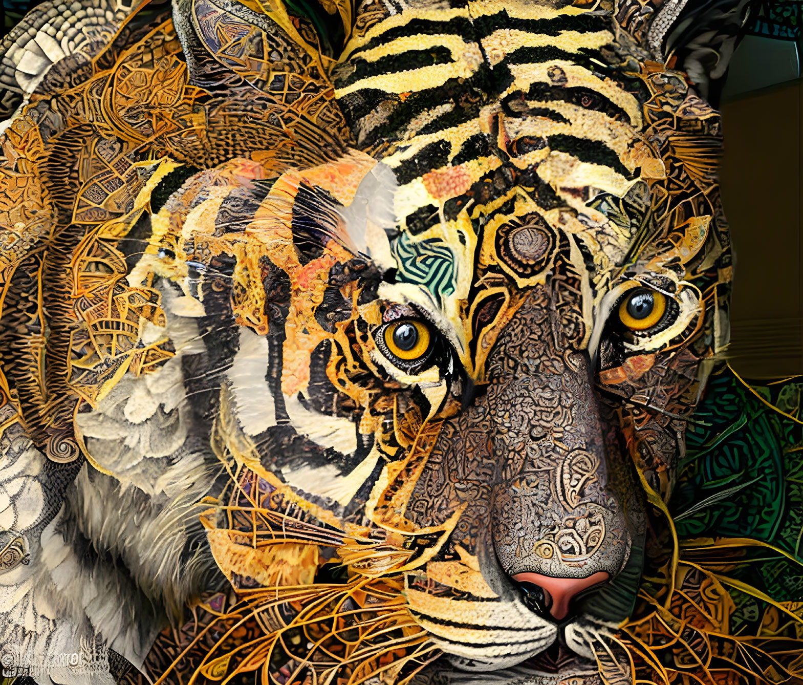 Intricate Tiger Face Artwork with Realism and Abstract Patterns