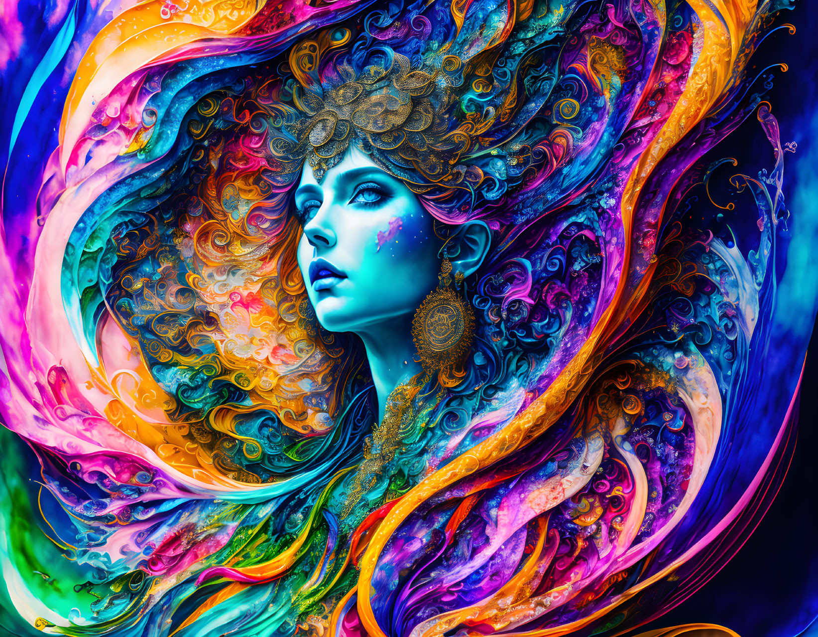 Colorful digital artwork of a woman with ornate headgear and swirling patterns