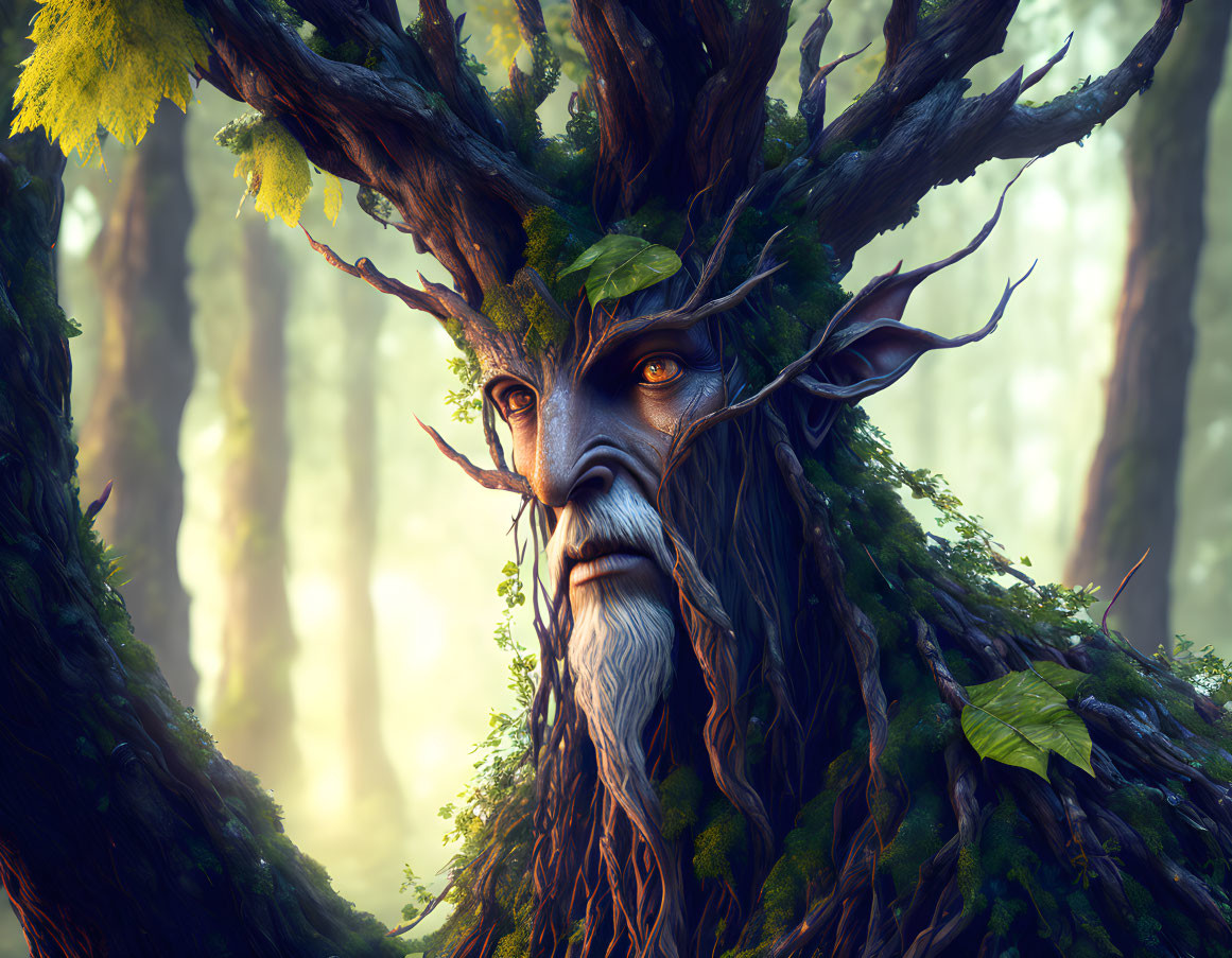 Mystical ent-like creature with tree features in sunlit forest