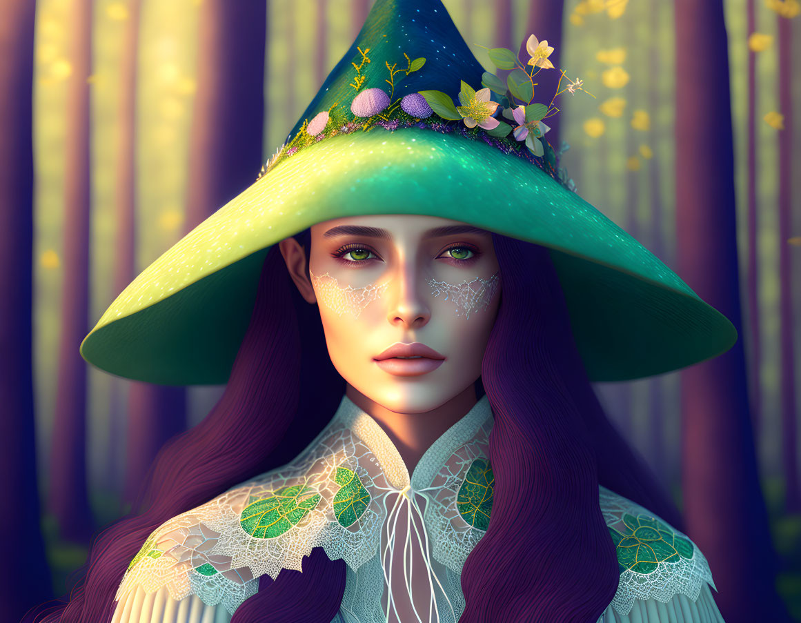 Digital artwork: Woman with long hair in green hat with flowers, forest background