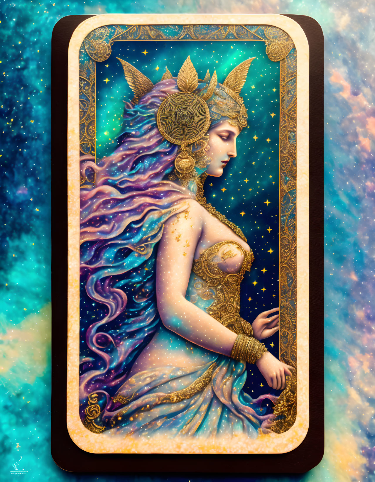 Celestial-themed woman portrait with galaxy hair and gold details